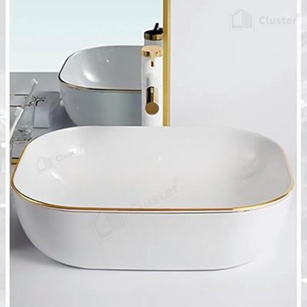 CLUSTER Designer Ceramic Table Top/Counter Top/Wash Basin For Bathroom And Livingroom Decor, White And Golden Border, Rectangular, 455x320x135 MM - Image 3