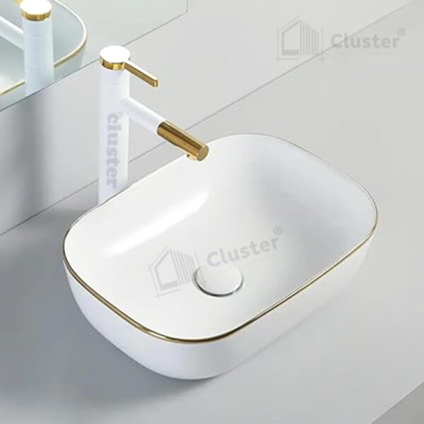 CLUSTER Designer Ceramic Table Top/Counter Top/Wash Basin For Bathroom And Livingroom Decor, White And Golden Border, Rectangular, 455x320x135 MM - Image 4