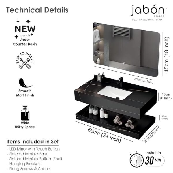 JABON BAGNO Bathroom Vanity Set - Elegant Black Ceramic Heavy Tiles with LED Mirror, 3 Color Light Options, Complete Set, (Black, 60x50cm) (JBV01042A Black New, 60x50cm) - Image 3