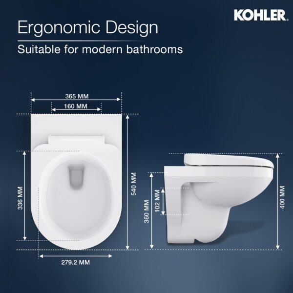 Kohler Span Round Wall Mounted Toilet | Ceramic Western Bathroom Commode with Anti-Bacterial Protection | Eco-Flush Technology & Quiet-Close Lid | Fully Glazed, White, 540mm x 365mm - Image 4