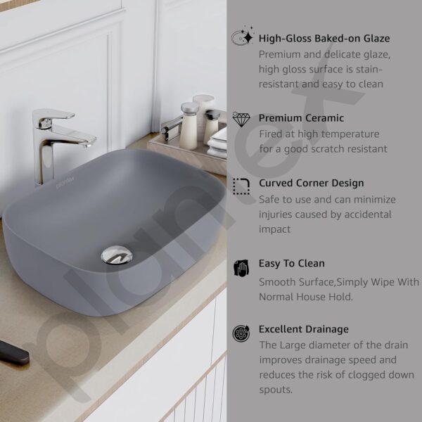 Plantex Ceramic Tabletop Washbasin/Bathroom Basin Sink/Basin for Bathroom/Wash Basin for Restaurant, Hotel (Matt Grey - 18 x 13 x 5 Inch) - Image 4