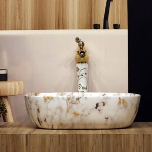 Cluster Matt Designer Ceramic Table Top/Counter Top/Wash Basin For Bathroom And Livingroom Decor, White Marble, Rectangular Shape Basin (18 x 12.5 x 5.3 Inch)