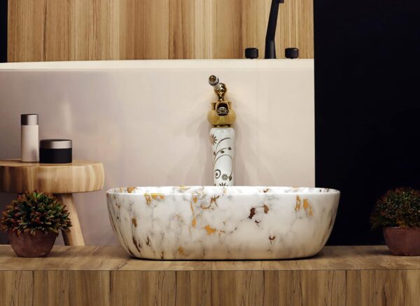Cluster Matt Designer Ceramic Table Top/Counter Top/Wash Basin For Bathroom And Livingroom Decor, White Marble, Rectangular Shape Basin (18 x 12.5 x 5.3 Inch)