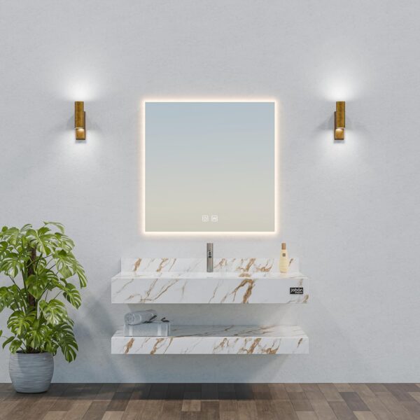 BANZER Bathroom Vanity Set - Elegant White Ceramic Heavy Tiles with LED Mirror, 3 Color Light Options, Complete Set, 80x50cm (White, 80x50cm)